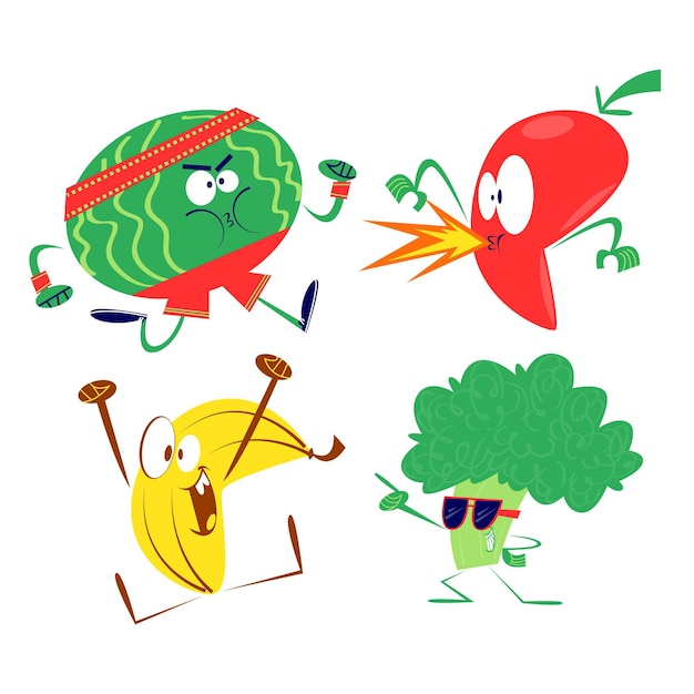 Vector cartoon retro fruits and vegetables collection