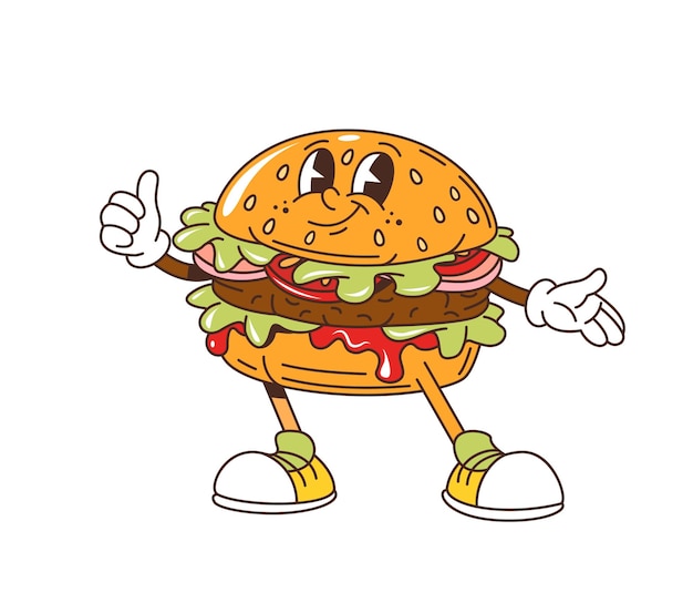Cartoon retro groovy fastfood hamburger personage