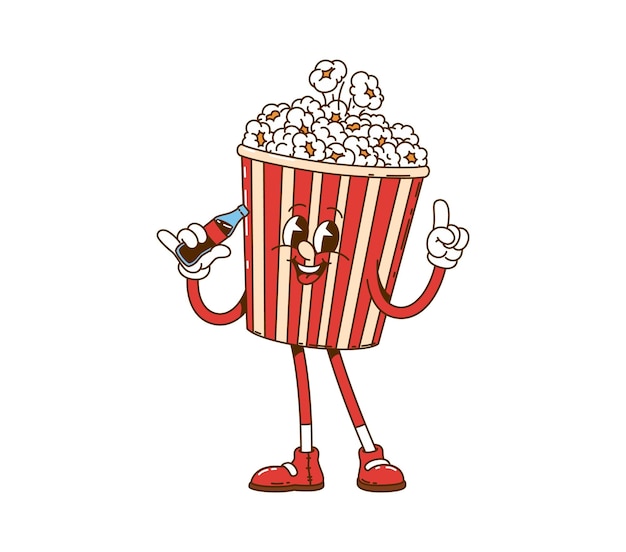 Vector cartoon retro groovy popcorn bucket character