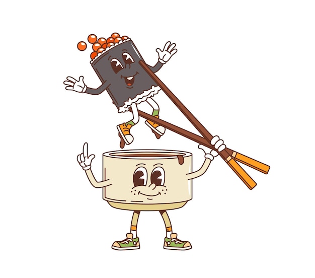 Vector cartoon retro groovy soy sauce and roll characters