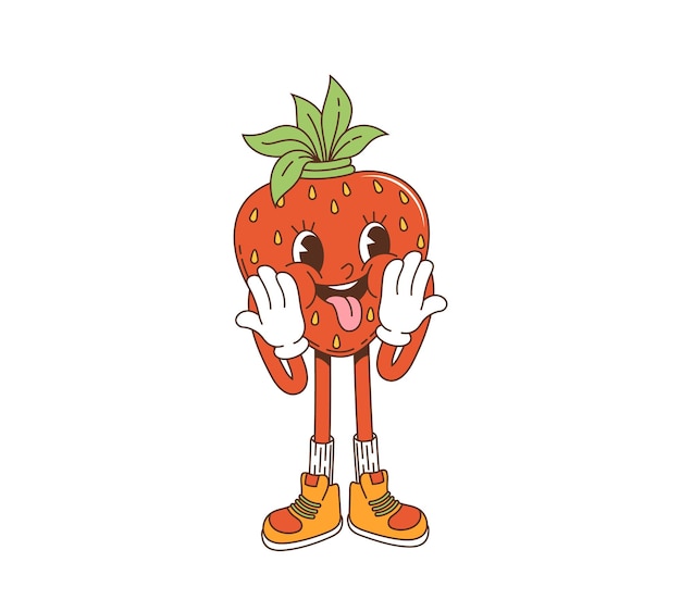 Cartoon retro groovy strawberry showing tongue