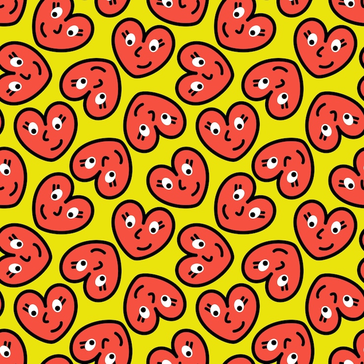 Vector cartoon retro groovy valentine39s day seamless pattern with red hearts