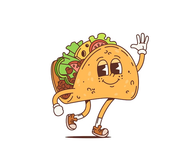 Vector cartoon retro mexican taco groovy funky character