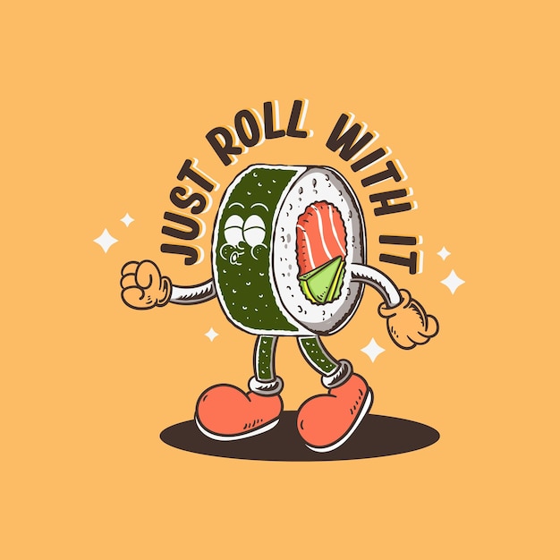 Vector cartoon retro sushi roll personage illustratie