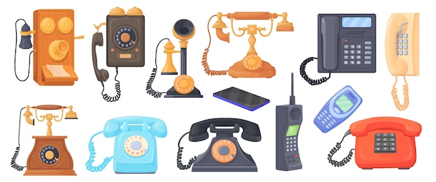 Vector cartoon retro telephones various old wire phones for call antique dial telephone with handset on cord vintage office radio cellphone phone vector illustration of wired oldfashioned nostalgia