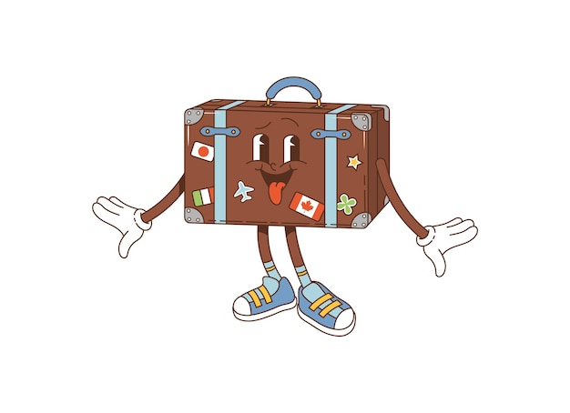 Vector cartoon retro travel suitcase groovy character