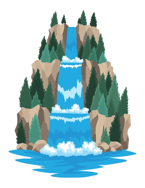 벡터 만화 강 캐스케이드 폭포 산과 나무가 있는 풍경 여행 브로셔 또는 일러스트레이션 모바일 게임을 위한 디자인 요소 신선한 천연수