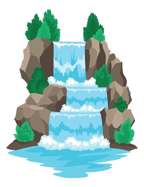 Вектор Мультяшный речной каскадный водопад пейзаж с горами и деревьями элемент дизайна для туристической брошюры или иллюстрации для мобильной игры пресная природная вода