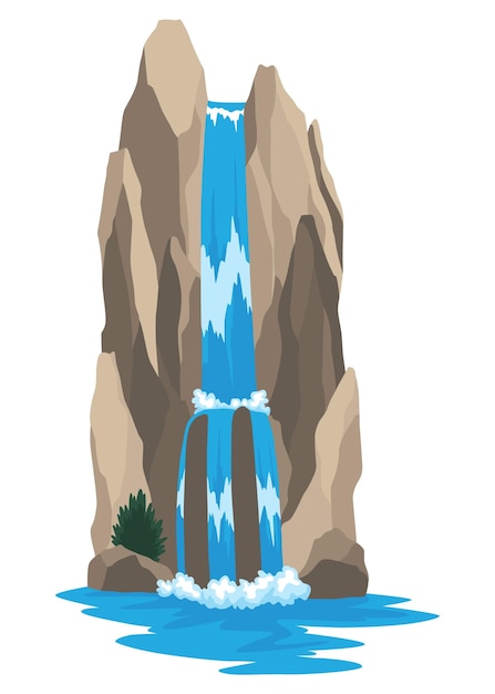 Cartoon river cascade waterfall landscape with mountains and trees design element for travel brochure or illustration mobile game fresh natural water