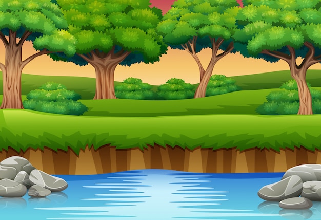 Cartoon of river in the forest and silhouettes background