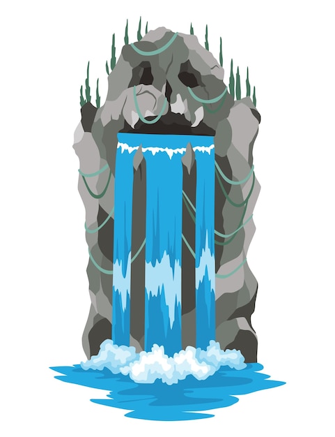 Cartoon river waterfall landscape with mountains and trees design element for travel brochure or illustration mobile game fresh natural water