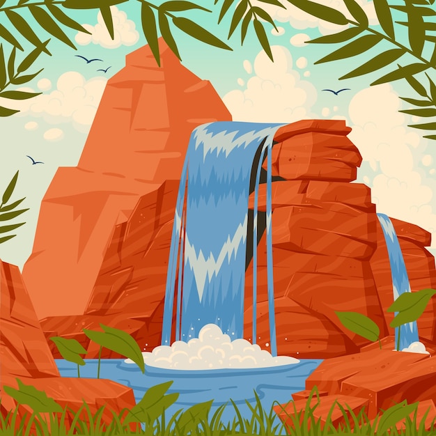 Vector cartoon rivier waterval poster wilde natuur landschap met rotsen en bomen watercascade platte vectorillustratie