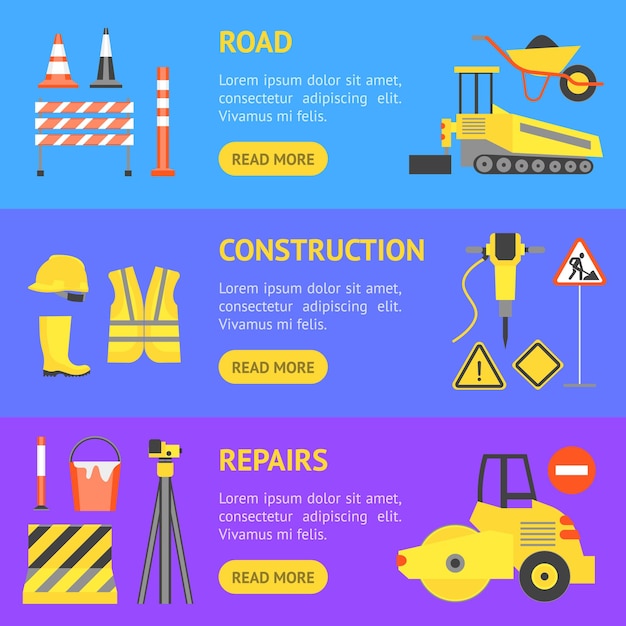 Cartoon Road Construction Banner Horizontal Set Vector