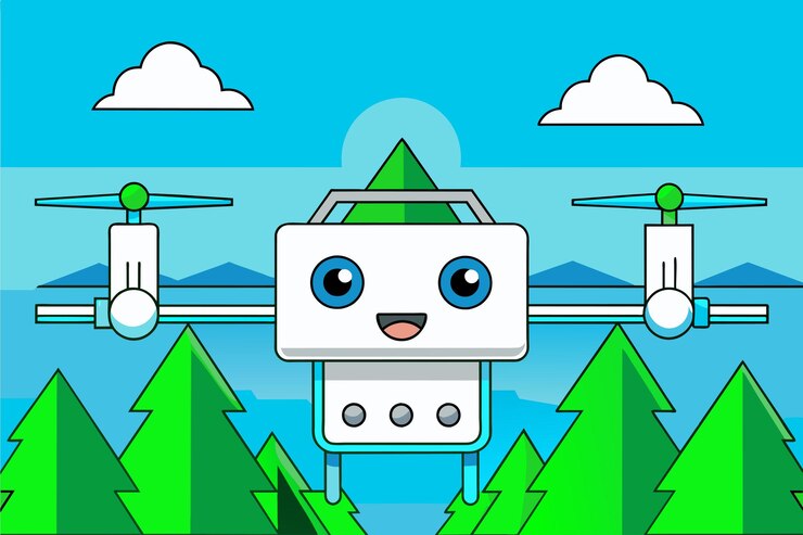 Vector a cartoon robot is standing in a line of trees