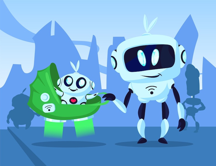 Vector cartoon robot walking with baby cyborg in buggy illustration