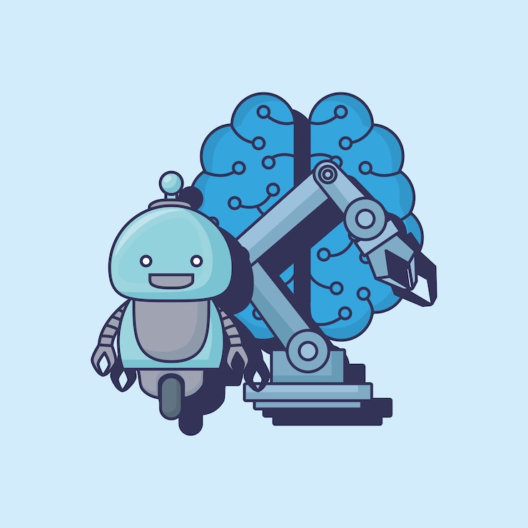Vector cartoon robot with artificial intelligence related icons 