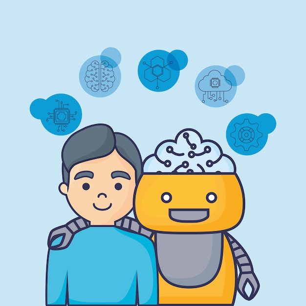 人工知能関連アイコンを持つ漫画ロボット