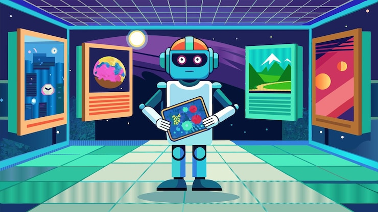 Vector a cartoon of a robot with a blue helmet on