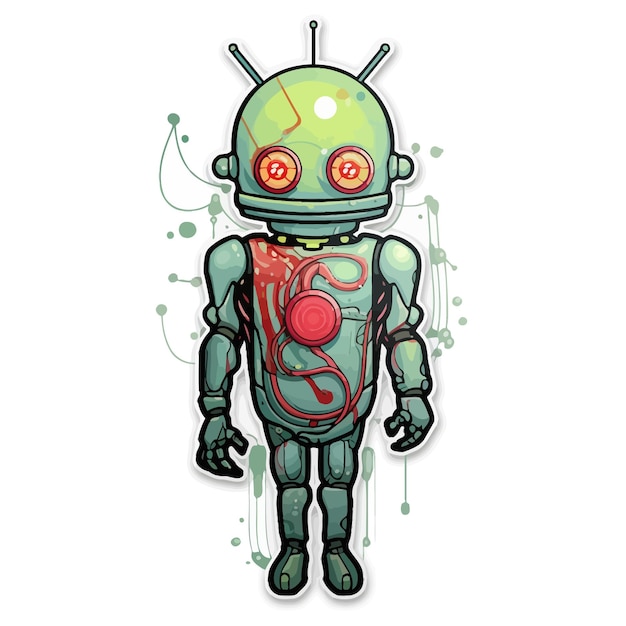 a cartoon of a robot with headphones on and a green arm