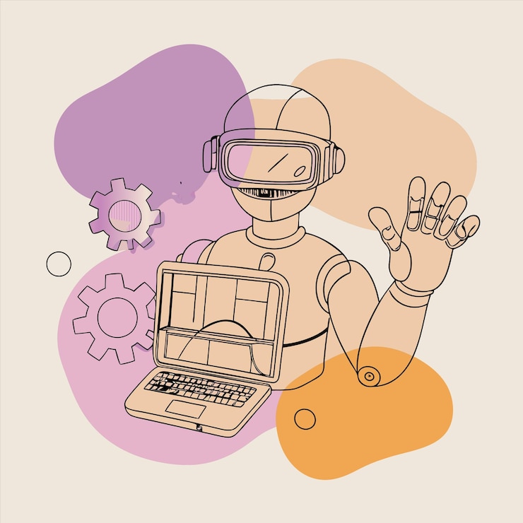 Vector a cartoon of a robot with a laptop and a person wearing a mask