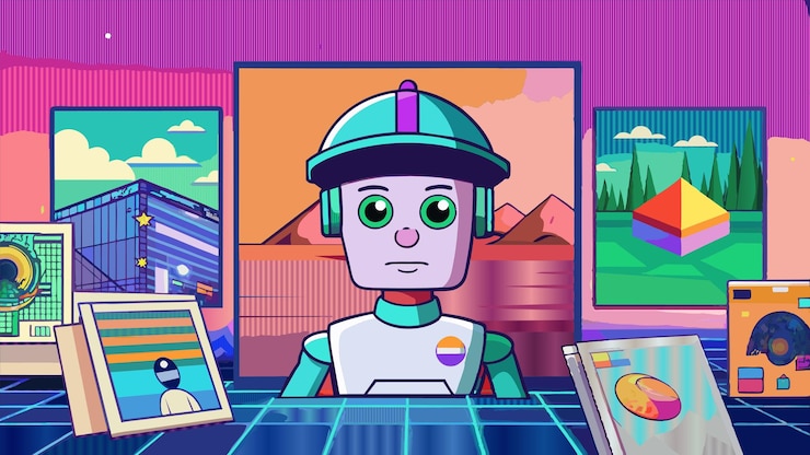 Vector 紫色の背景のロボットと紫色のバックグラウンドのコンピュータ画面の漫画