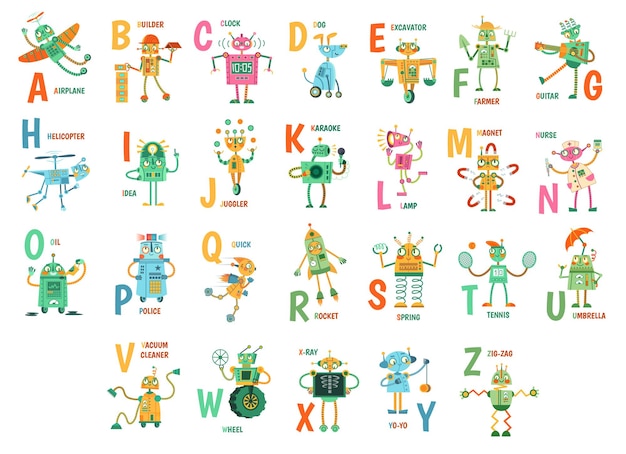 Cartoon robots alfabet. grappige robotkarakters, abc-letters voor kinderen en onderwijs met robotachtige vriend mascottes vector illustratie set. leuke androïden en engelse woorden alfabetisch geplaatst.