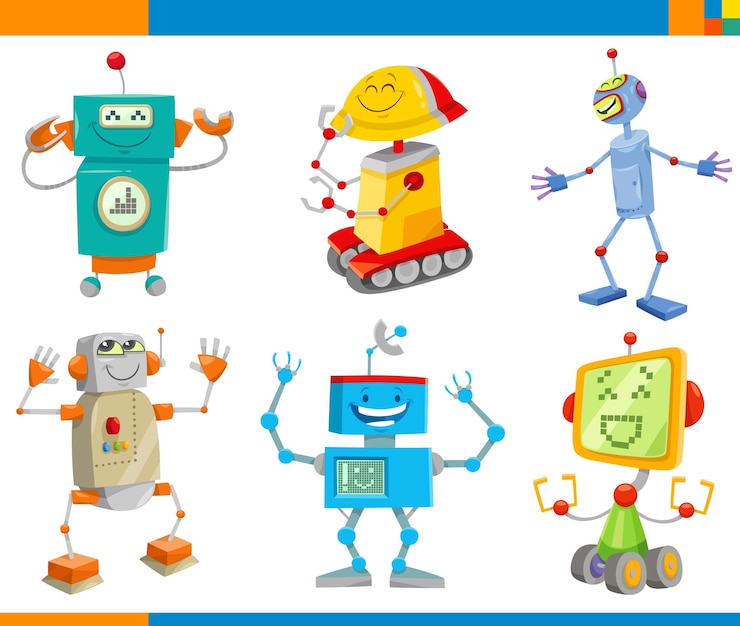 Vector cartoon robots or androids fantasy characters set