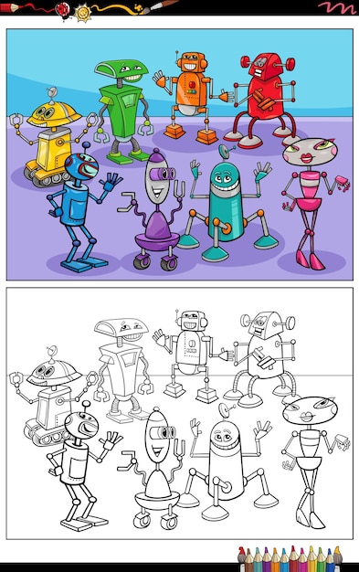 Vector cartoon robots or droids characters group coloring page