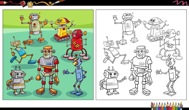 Vector cartoon robots or droids characters group coloring page