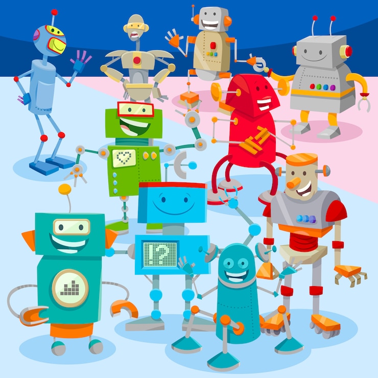 Vector cartoon robots or droids characters large group