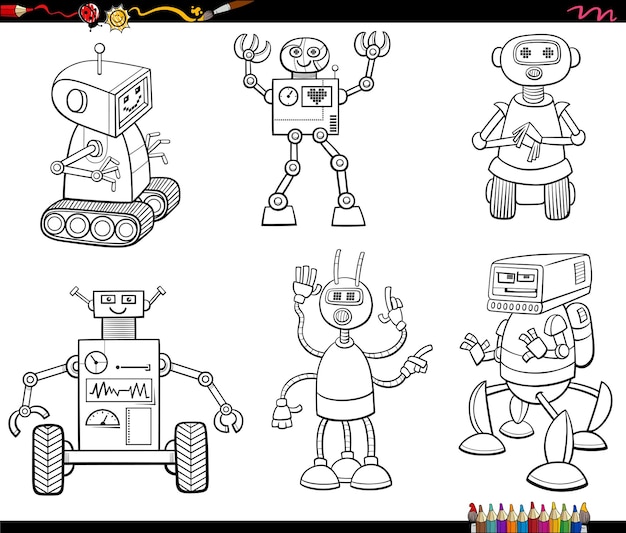 Cartoon robots and droids characters set coloring page