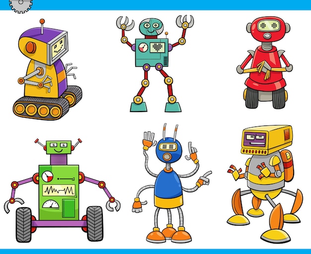 Cartoon robots or droids comic characters set