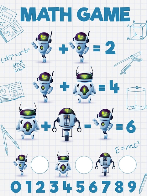 Premium Vector  Cartoon robots and droids math game worksheet quiz