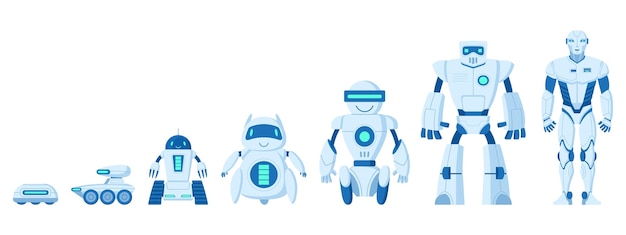 Evoluzione dei robot dei cartoni animati dai robot cyborg primitivi a quelli tecnologici, illustrazione vettoriale piatta