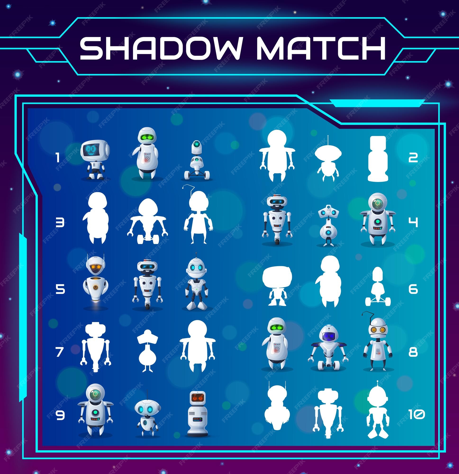 Premium Vector | Cartoon robots, kids education shadow match game. find correct cyborg silhouettes vector riddle. children logic test with funny androids and artificial intelligence bots characters, development task Premium Vector | Cartoon robots, kids education shadow match game. find correct cyborg silhouettes vector riddle. children logic test with funny androids and artificial intelligence bots characters, development task