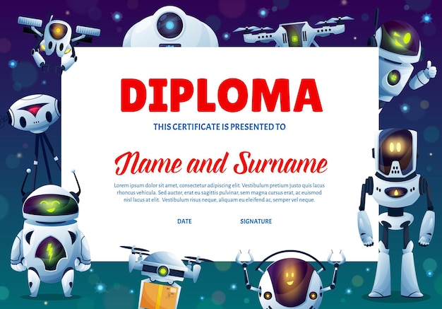 cartoon robots kinderen onderwijs diploma, certificaat