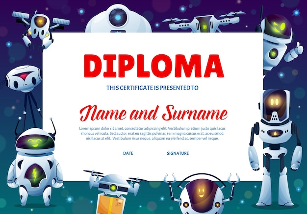 Cartoon robots kinderen onderwijs diploma, certificaat