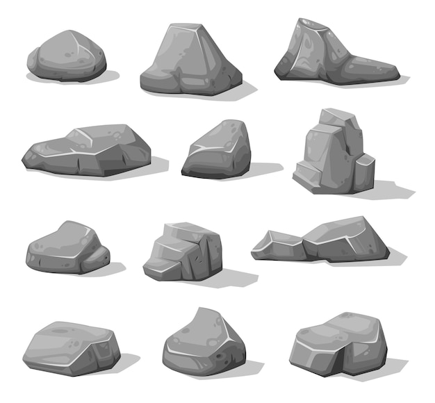 Cartoon rock stones and boulders, grey rubble