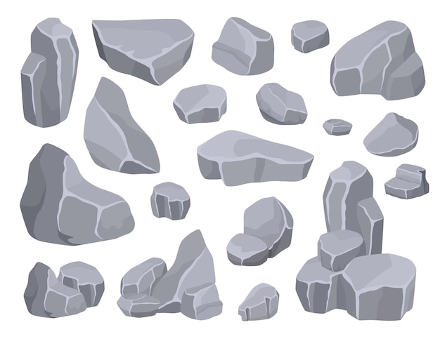 Cartoon rock stones gray mountain cliffs and boulders vector set