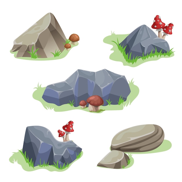 Cartoon rock and stones set Different shapes and textures Different boulders with grass and mushrooms Vector illustrations collection isolated on white background