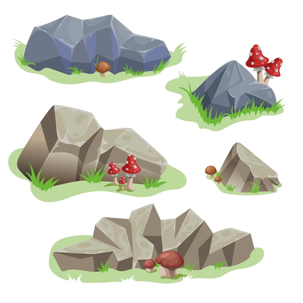 Cartoon rock and stones set Different shapes and textures Different boulders with grass and mushrooms Vector illustrations collection isolated on white background