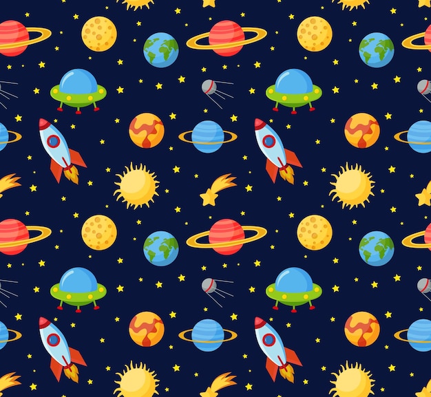 Cartoon Rocket Seamless vector pattern background isolated on navy blue color