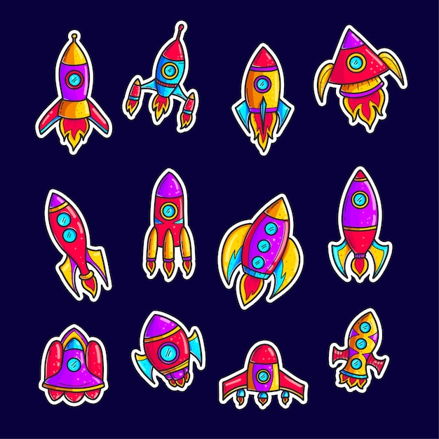 Vector cartoon rockets hand drawn color patches set