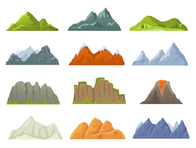 漫画の岩山の頂上、雪の頂上、石の崖。さまざまな形の山の尾根、火山、峡谷、自然景観要素ベクトルセット。ハイキングや登山のコンセプト、極端な遠征