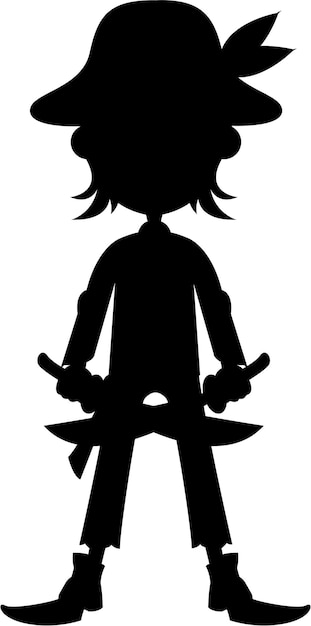Cartoon roekeloze piratenkapitein met gekruiste zwaarden in silhouet