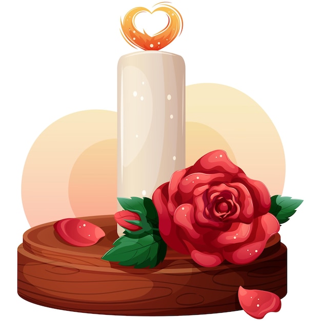 Vector cartoon romantic candle with red rose isolated