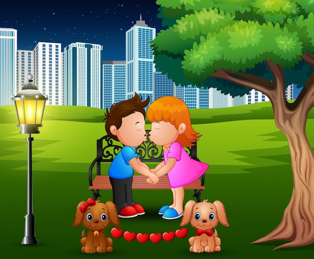 Cartoon romantic couple kissing under the tree in a park