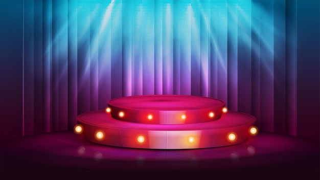 Vector cartoon rood rond podium met lampen, lichten en schijnwerpers op de achtergrond met gordijn
