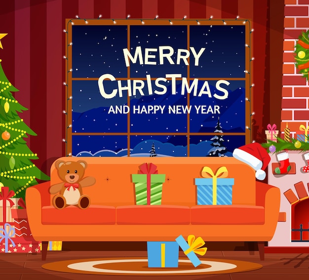 Cartoon room interior. Christmas tree, gifts, decoration, sofa, fireplace, santa heat. Merry christmas holiday. New year and xmas celebration. Vector illustration in flat style