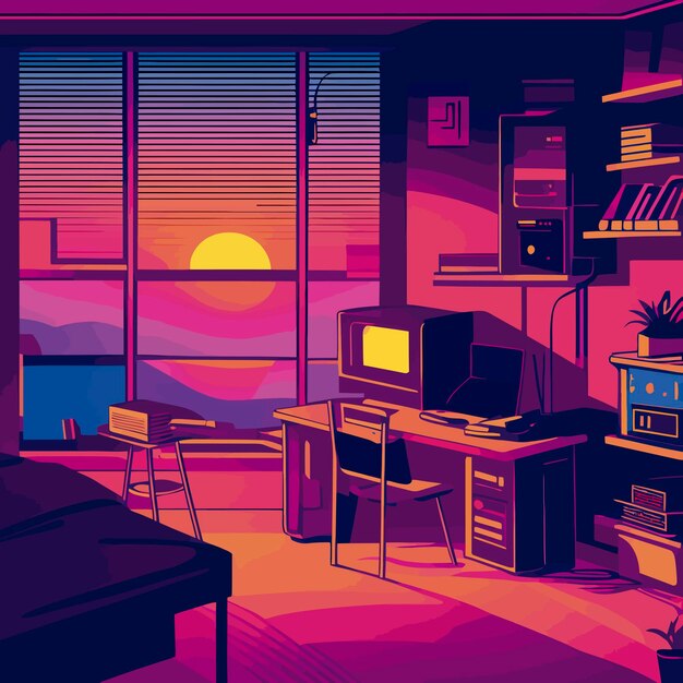 A cartoon of a room with a computer and a window with the sun setting behind it.